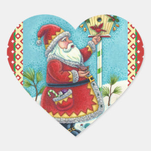KRIS KRINGLE FEEDING REDBIRDS, CHRISTMAS BIRDHOUSE HEART STICKER