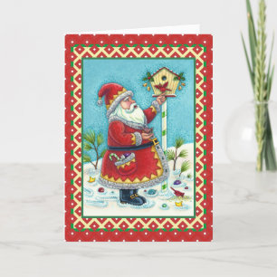 KRIS KRINGLE FEEDING REDBIRDS, CHRISTMAS BIRDHOUSE HOLIDAY CARD