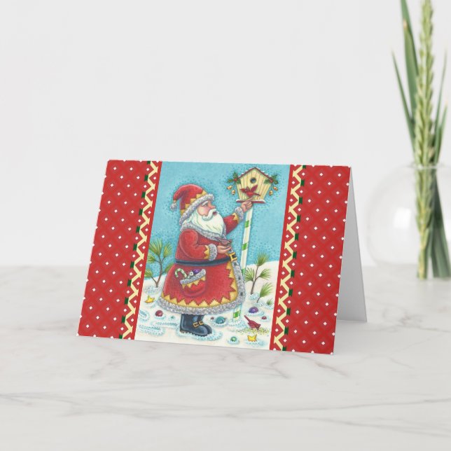 KRIS KRINGLE FEEDING REDBIRDS, CHRISTMAS BIRDHOUSE HOLIDAY CARD (Front)