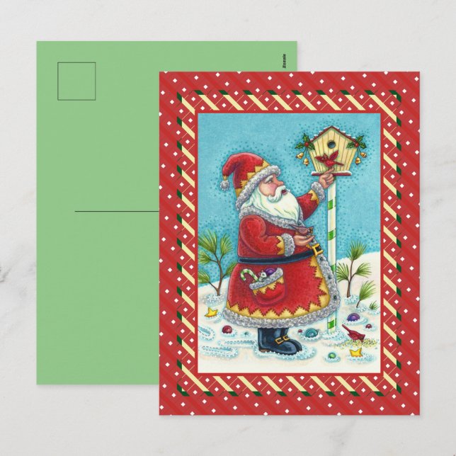 KRIS KRINGLE FEEDING REDBIRDS, CHRISTMAS BIRDHOUSE HOLIDAY POSTCARD (Front/Back)