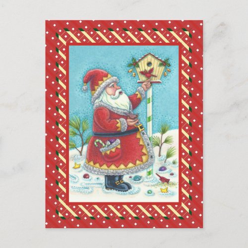 KRIS KRINGLE FEEDING REDBIRDS CHRISTMAS BIRDHOUSE HOLIDAY POSTCARD