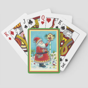 KRIS KRINGLE FEEDING REDBIRDS, CHRISTMAS BIRDHOUSE POKER CARDS