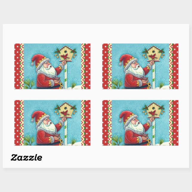 KRIS KRINGLE FEEDING REDBIRDS, CHRISTMAS BIRDHOUSE RECTANGULAR STICKER (Sheet)