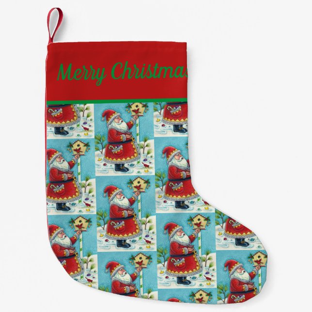 KRIS KRINGLE FEEDING REDBIRDS, CHRISTMAS BIRDHOUSE SMALL CHRISTMAS STOCKING (Front)