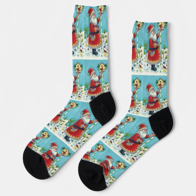 KRIS KRINGLE FEEDING REDBIRDS, CHRISTMAS BIRDHOUSE SOCKS (Left)