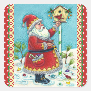 KRIS KRINGLE FEEDING REDBIRDS, CHRISTMAS BIRDHOUSE SQUARE STICKER