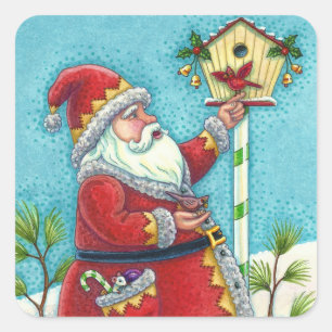 KRIS KRINGLE FEEDING REDBIRDS, CHRISTMAS BIRDHOUSE SQUARE STICKER