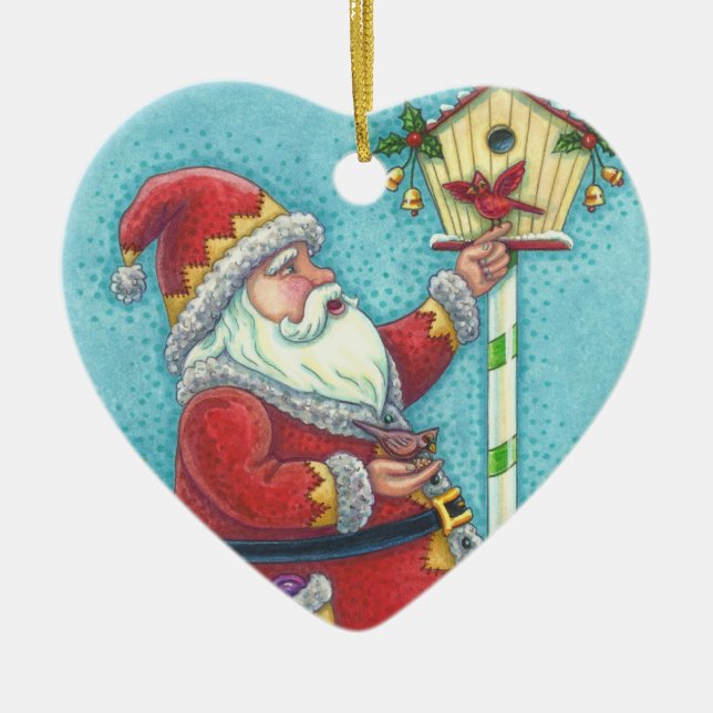 KRIS KRINGLE REDBIRDS, MERRY CHRISTMAS SANTA CERAMIC ORNAMENT (Front)