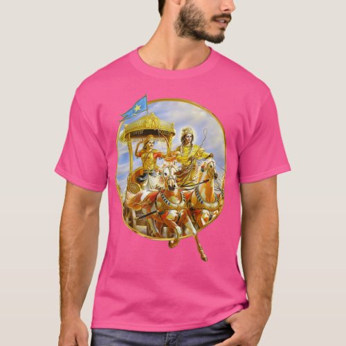 Krishna amp Arjuna in the Chariot with Painted Hor T_Shirt