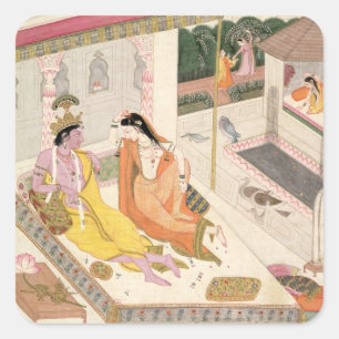 Krishna and Radha on a bed in a Mogul palace, Punj Square Sticker