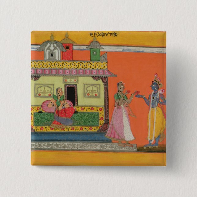 Krishna arriving at Radha's house, illustration fr Button (Front)