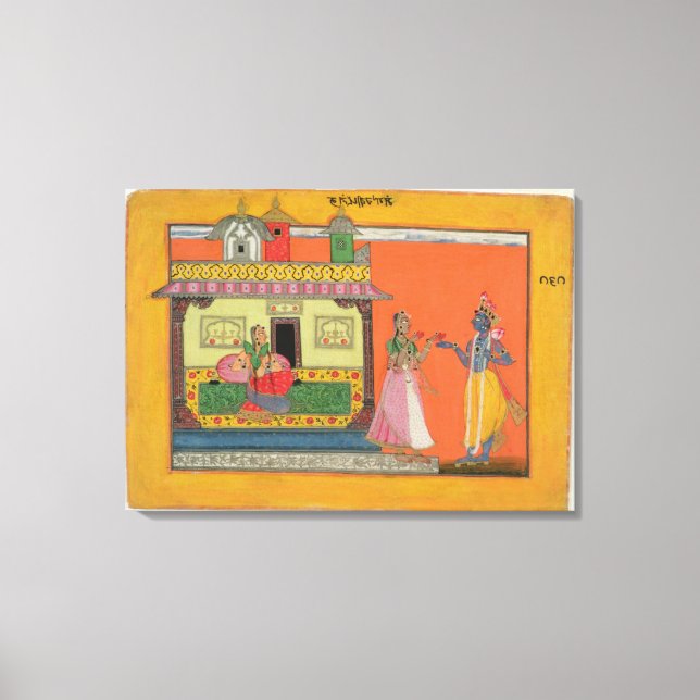 Krishna arriving at Radha's house, illustration fr Canvas Print (Front)