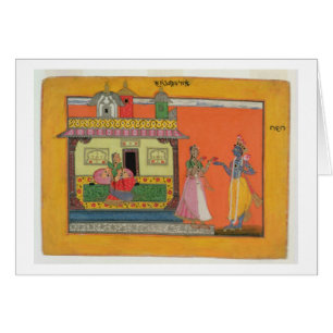 Krishna arriving at Radha's house, illustration fr Cards