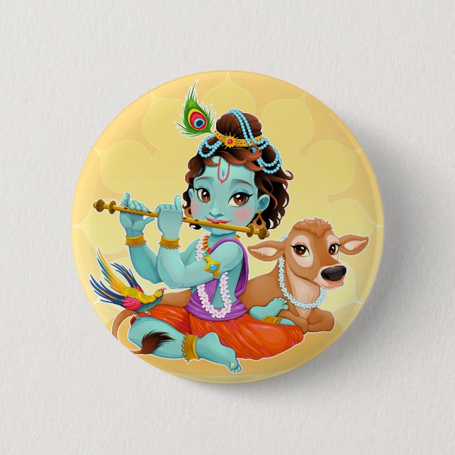 Krishna Indian God playing flute illustration Button (Front)