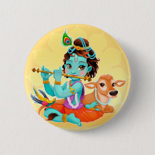 Krishna Indian God playing flute illustration Button