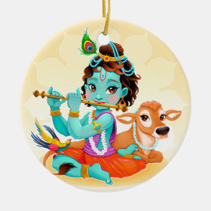 Krishna Indian God playing flute illustration Ceramic Ornament