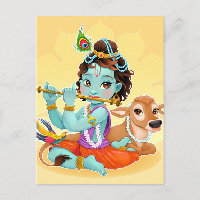 Krishna Indian God playing flute illustration Postcard (Front)