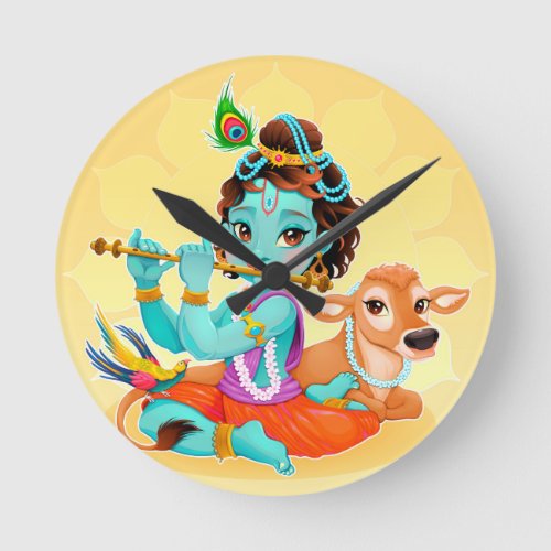 Krishna Indian God playing flute illustration Round Clock