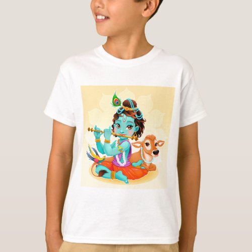 Krishna Indian God playing flute illustration T_Shirt