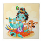 Krishna Indian God playing flute illustration Tile