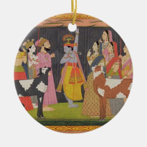 Krishna lifting Mount Govardhana from the Bhagav Ceramic Ornament