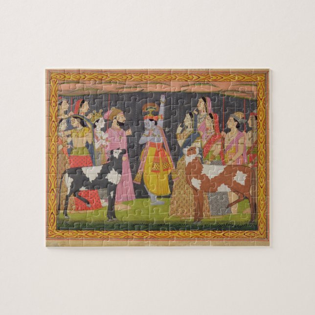 Krishna lifting Mount Govardhana, from the 'Bhagav Jigsaw Puzzle (Horizontal)