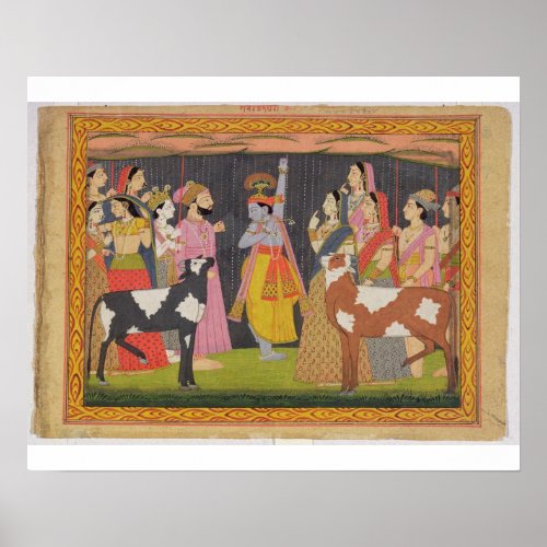 Krishna lifting Mount Govardhana from the Bhagav Poster