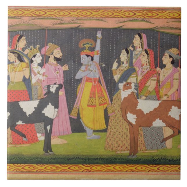 Krishna lifting Mount Govardhana, from the 'Bhagav Tile (Front)