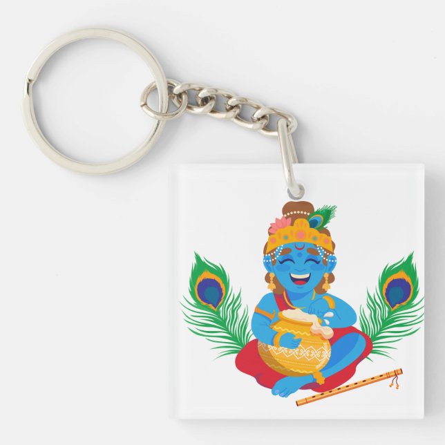 Krishna with butter pot peacock feather  keychain (Front)