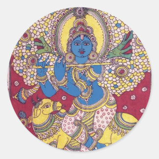 KRISHNA WITH FLUTE KALAMKARI PAINTING CLASSIC ROUND STICKER