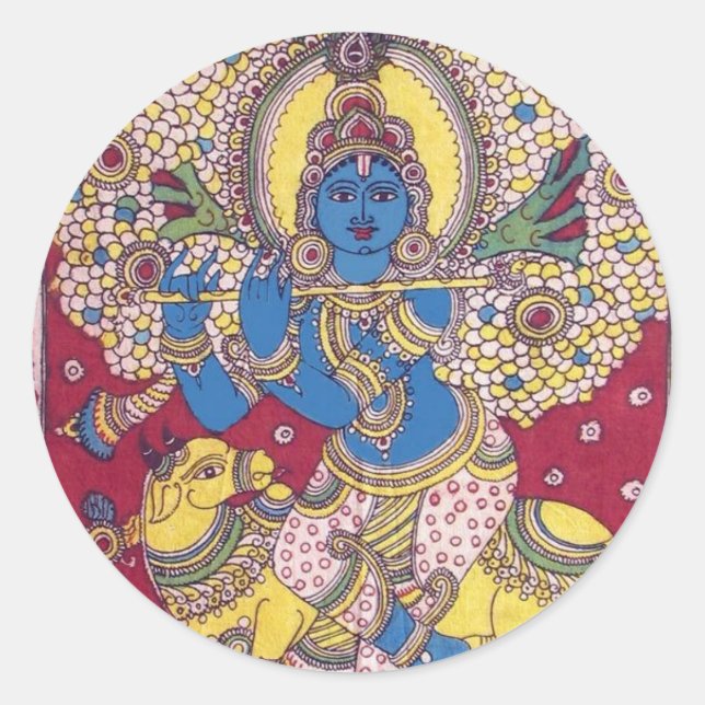 KRISHNA WITH FLUTE KALAMKARI PAINTING CLASSIC ROUND STICKER (Front)
