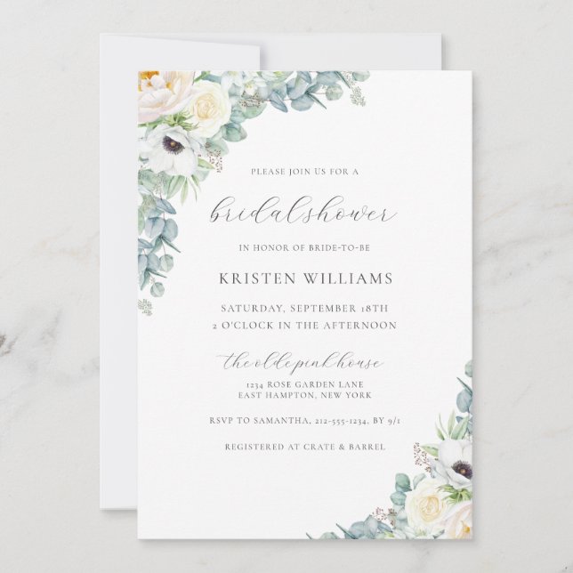 Kristen Boho White Floral & Greenery Bridal Shower Invitation (Front)