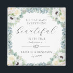 Kristen Christian Wedding Favors Bible Verse Magnet<br><div class="desc">Add a spiritual touch to your wedding favors with these elegant, Christian wedding favor magnets featuring a beautiful wreath of exquisitely hand painted, white watercolor flowers and eucalyptus greenery and the Bible verse "He has made everything beautiful in its time" (Ecclesiastes 3:11). To reposition elements or change fonts and text...</div>