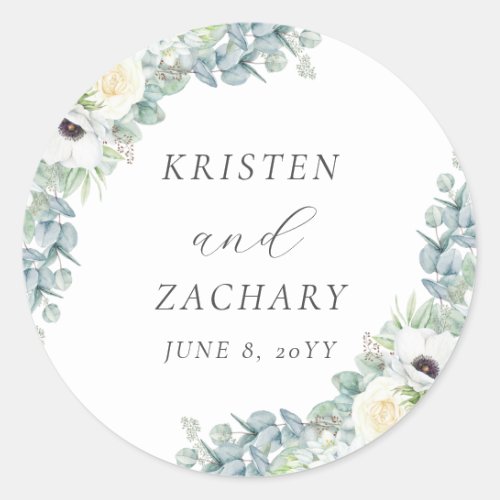 Kristen Elegant Boho Floral Greenery Wedding Favor Classic Round Sticker