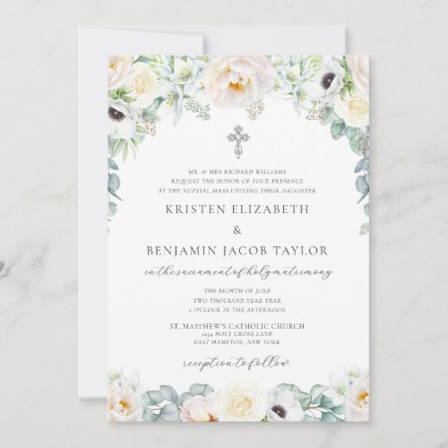 Kristen Simple White Floral Catholic Wedding Invitation