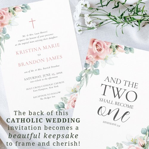 Kristina Elegant Pink Floral Catholic Wedding Invitation