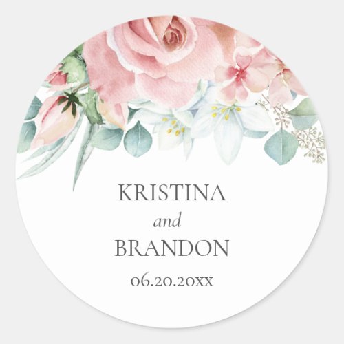Kristina Floral Pink Boho Chic Wedding Classic Round Sticker