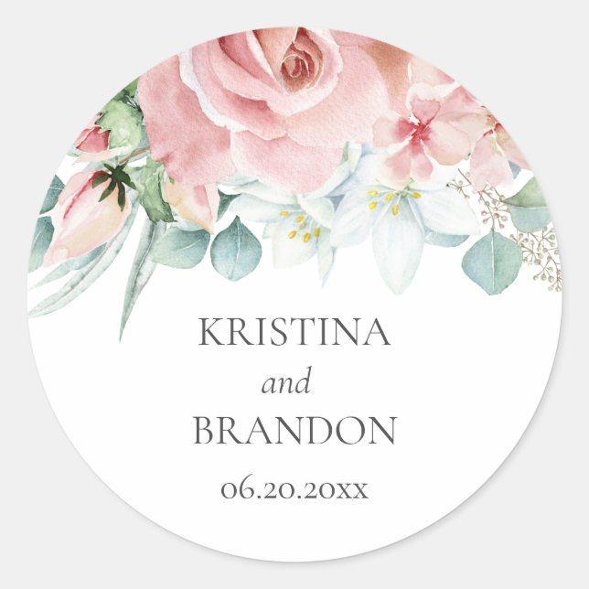 Kristina Floral Pink Boho Chic Wedding Classic Round Sticker (Front)