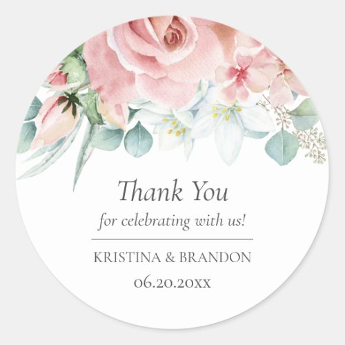 Kristina Floral Pink Wedding Favor Classic Round Sticker