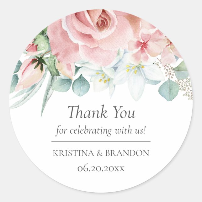 Kristina Floral Pink Wedding Favor Classic Round Sticker (Front)