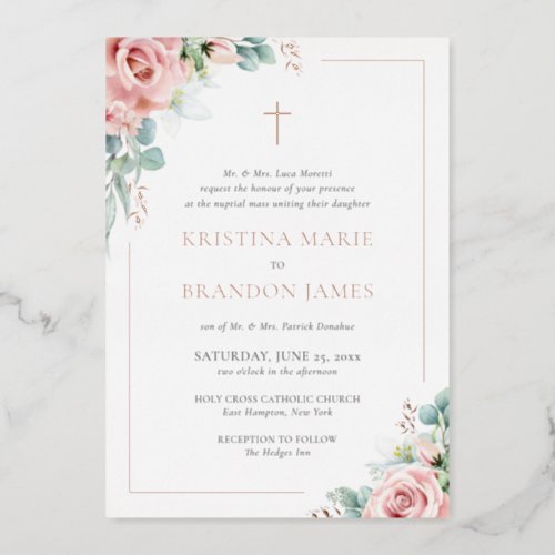 Kristina Pink Floral Catholic Wedding Foil Invitation