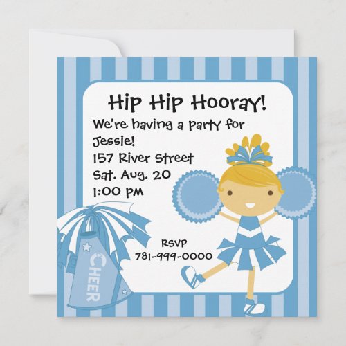 KRW Blue Cheerleader Birthday Party Invitation
