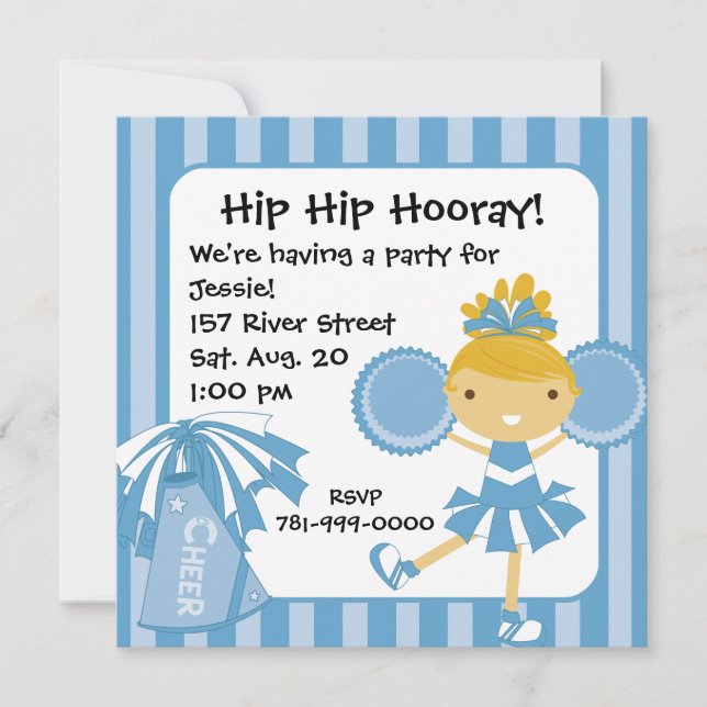 KRW Blue Cheerleader Birthday Party Invitation (Front)