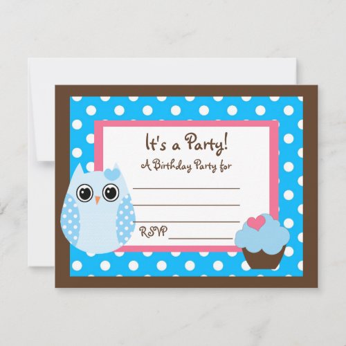 KRW Brown  Blue Polka Dot Owl Blank Party Invite