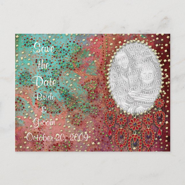 KRW Custom Indian Jeweled Photo Save the Date Announcement Postcard (Front)