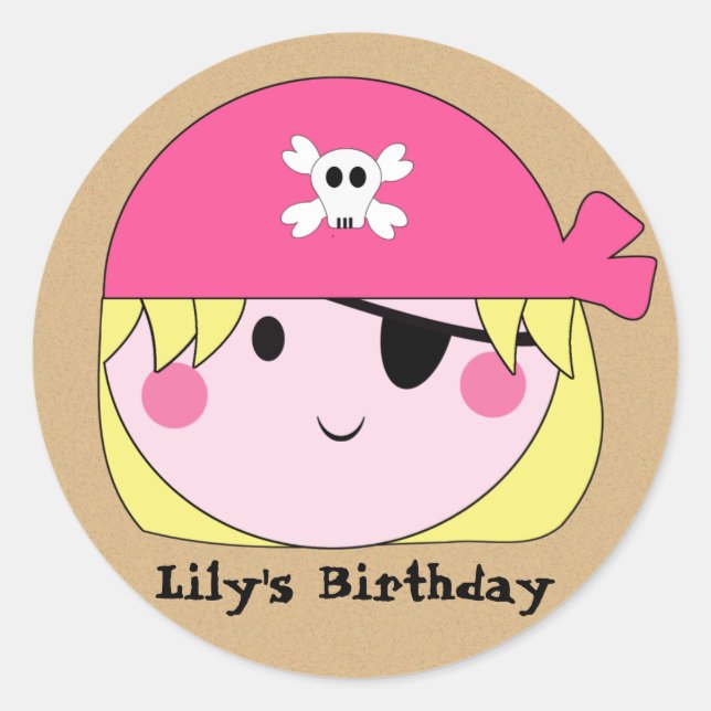 KRW Cute Custom Pink Pirate Birthday Stickers (Front)