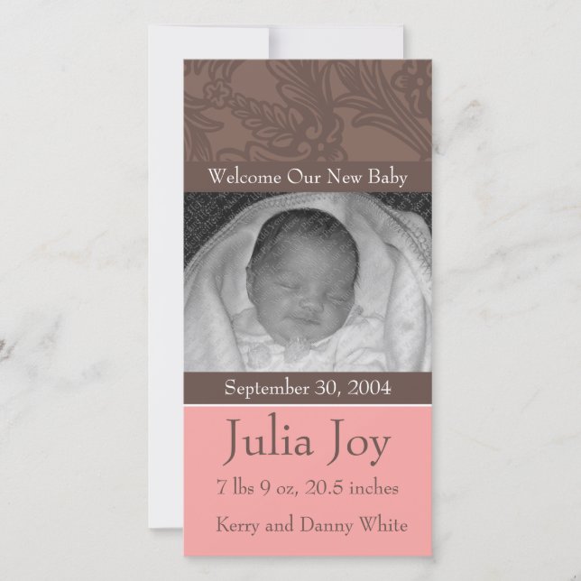 KRW Elegant Pink Custom Photo Birth Announcement (Front)