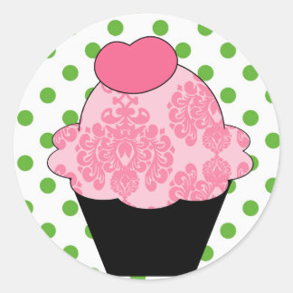 KRW Fancy Pink Cupcake with Green Dots Classic Round Sticker
