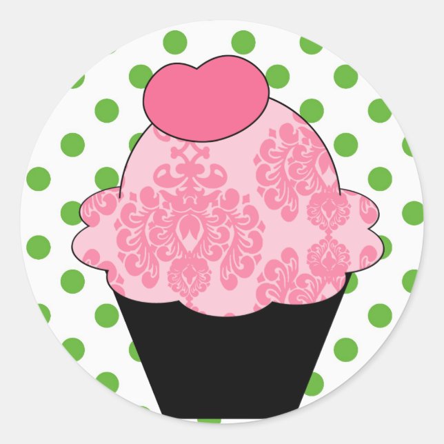 KRW Fancy Pink Cupcake with Green Dots Classic Round Sticker (Front)