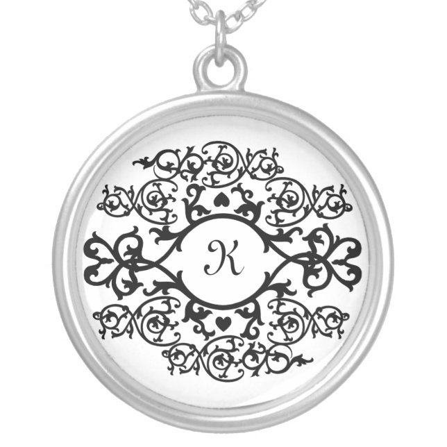KRW Fancy Scroll Frame Monogram Silver Necklace (Front)